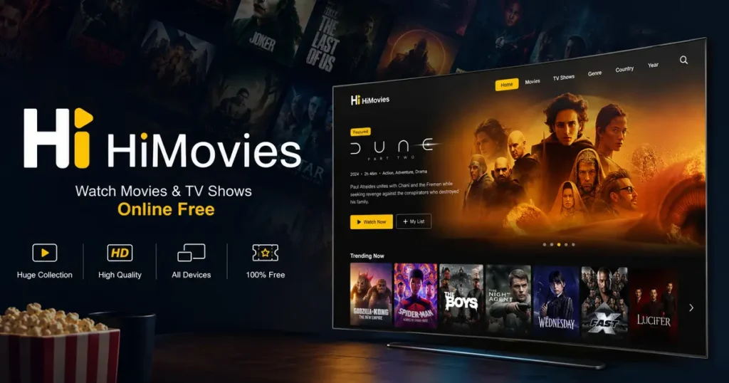 HiMovies streaming platform featured image showing a modern cinematic interface for watching movies and TV shows online free in HD quality across all devices.